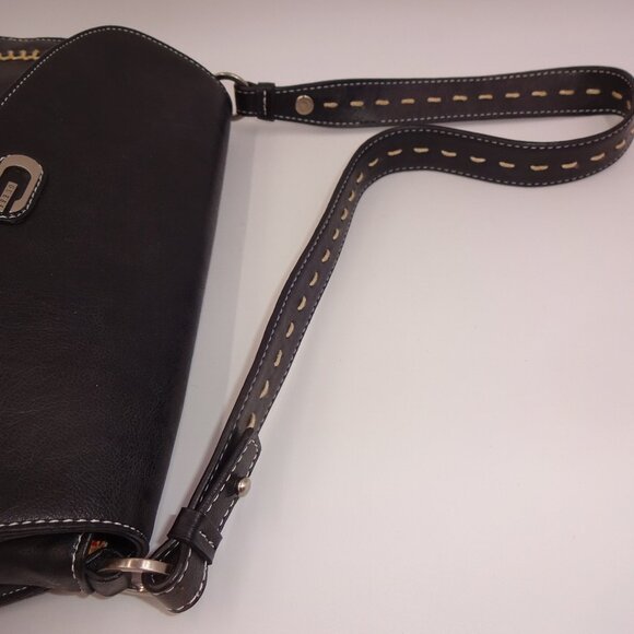 Black Guess Shoulder Purse Bag Handbag Brown Stitch Accents - Picture 8 of 9